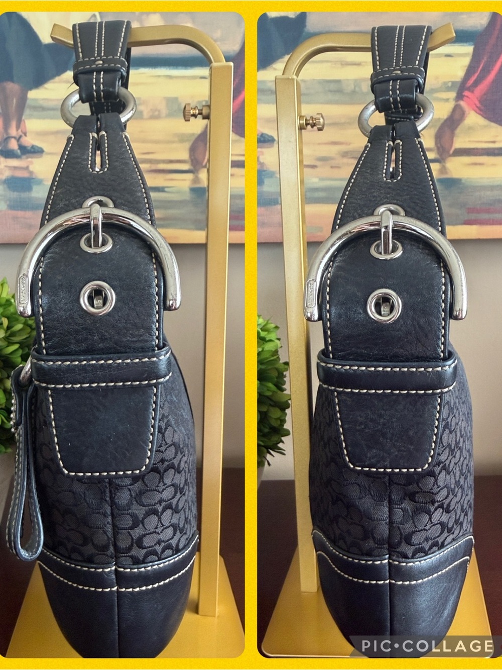 COACH F05N-1460 🖤BLACK🖤 VINTAGE SIGNATURE JACQUARD LEATHER HOBO BAG 🌟EUC🌟 - Picture 6 of 17